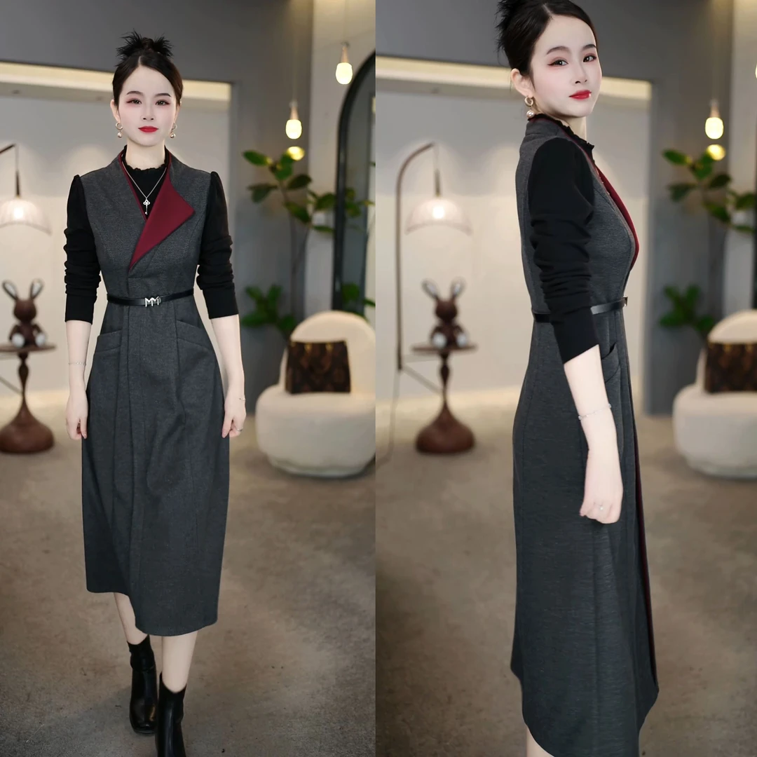 2024秋冬新款灰色不对称拼色翻领老钱风设计感干练假两件连衣裙