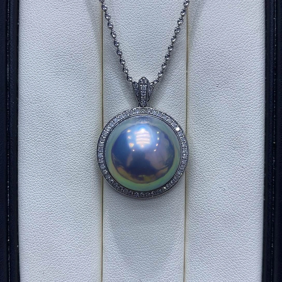 冰***莲拼合珍珠（马贝珠）18K金镶嵌吊坠(不含链)19到20点位星空蓝