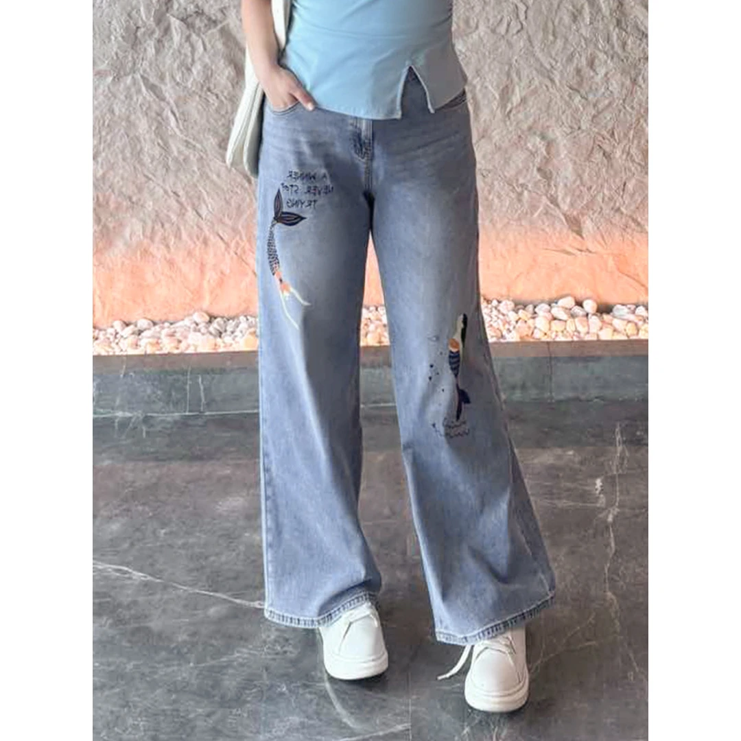 【涂鸦印花阔腿牛仔裤】MsShe大码女装2025夏季显瘦长裤女K2505002