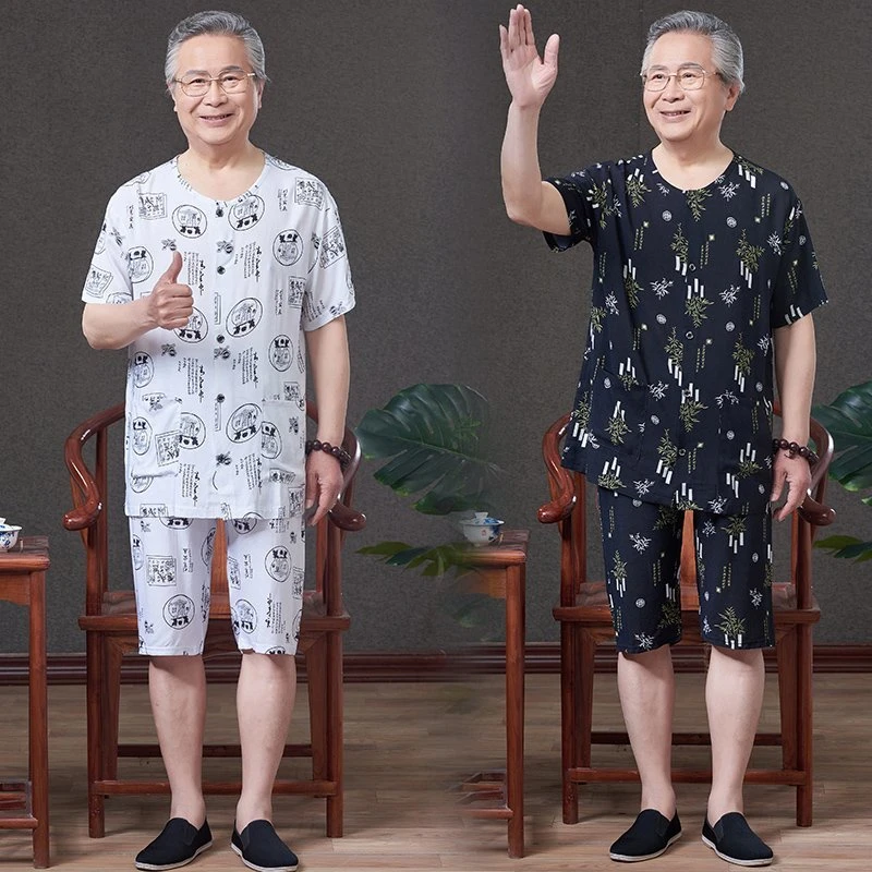 中老年爷爷装棉绸睡衣套装男士夏季薄人造棉短袖短裤两件套家居服