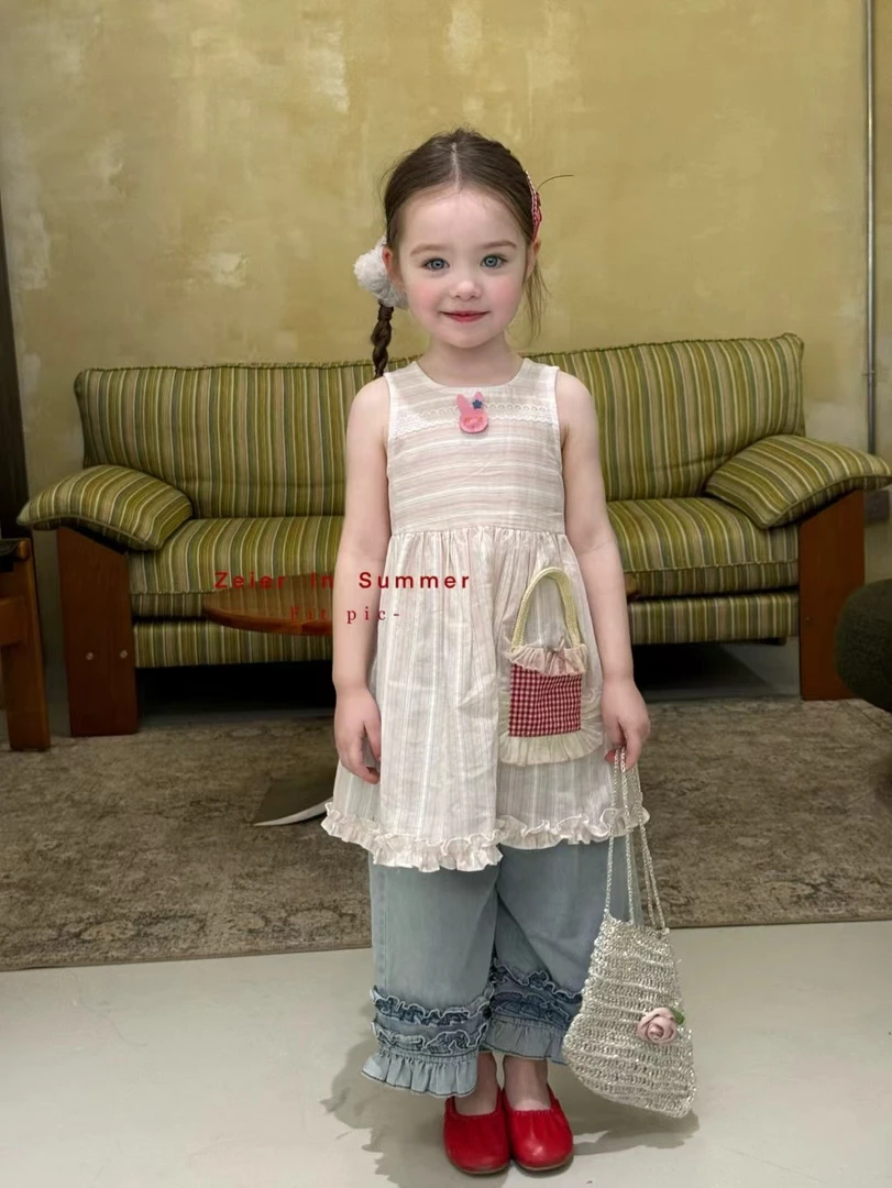 zeier吱尔女童夏款纯棉小兔无袖连衣裙软棉布花边裤子套装