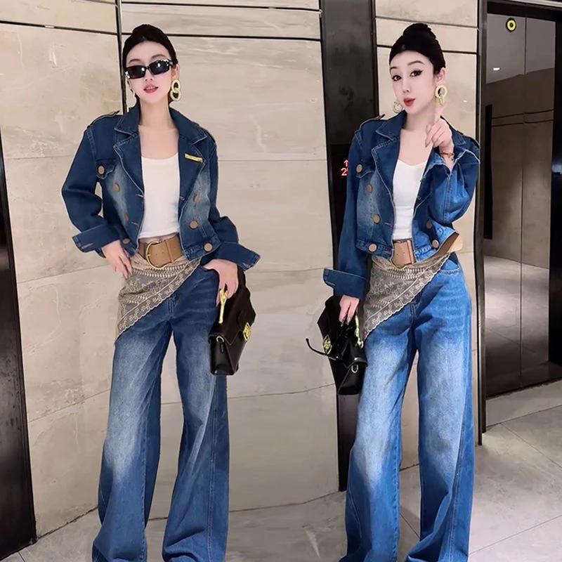 港风洋气休闲牛仔套装女20春秋新款短外套宽松气质阔腿裤一两件套
