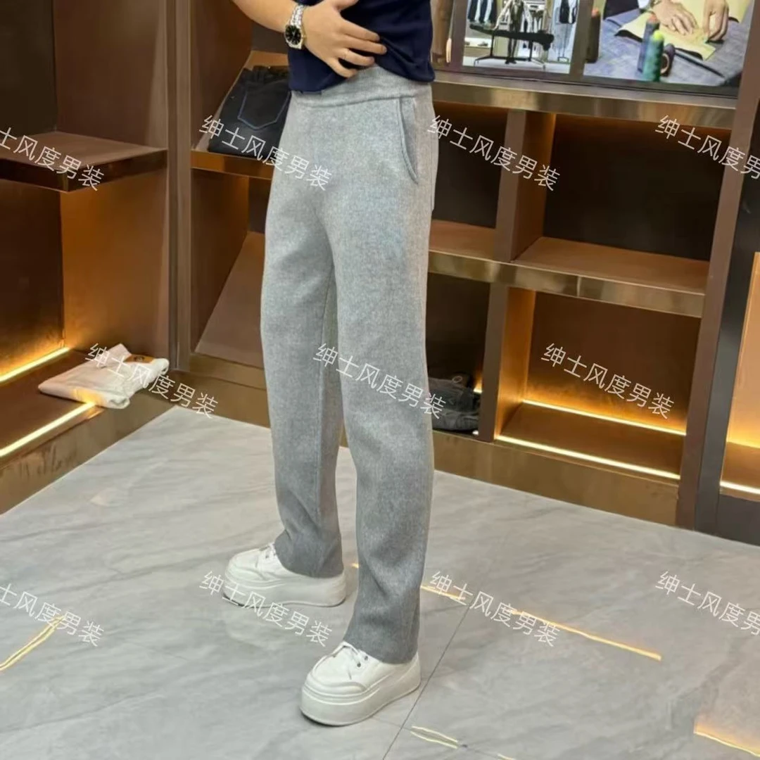 秋季新款老钱风男士时尚百搭痞帅纯色针织弹力腰直筒休闲裤-89017