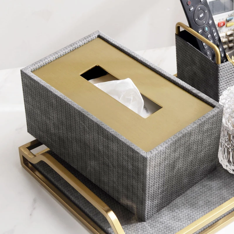 轻奢风纸巾盒客厅茶几餐巾纸盒高档新中式皮革金属抽纸盒软装摆件