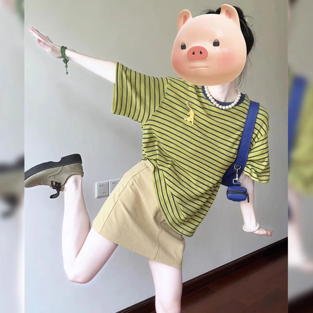 绿色条纹小猫印花圆领短袖T恤女2025夏季新款多巴胺独特休闲上衣