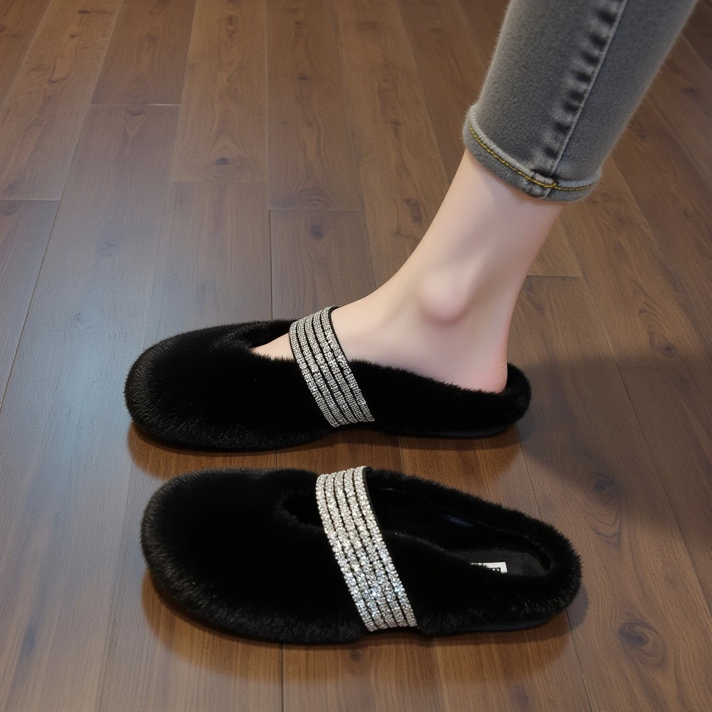 黑色法式水钻包头毛毛半拖鞋女秋冬外穿2025新款水貂绒加绒棉拖鞋