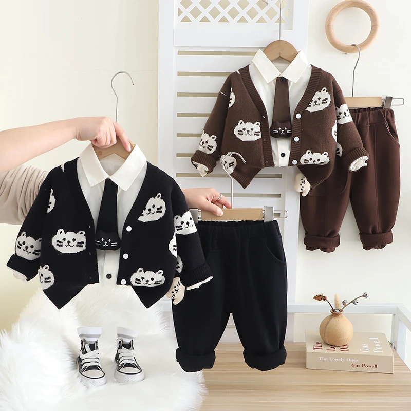 【沫沫家】男女童套装春秋洋气宝宝长袖儿童男孩领带猫咪三件套