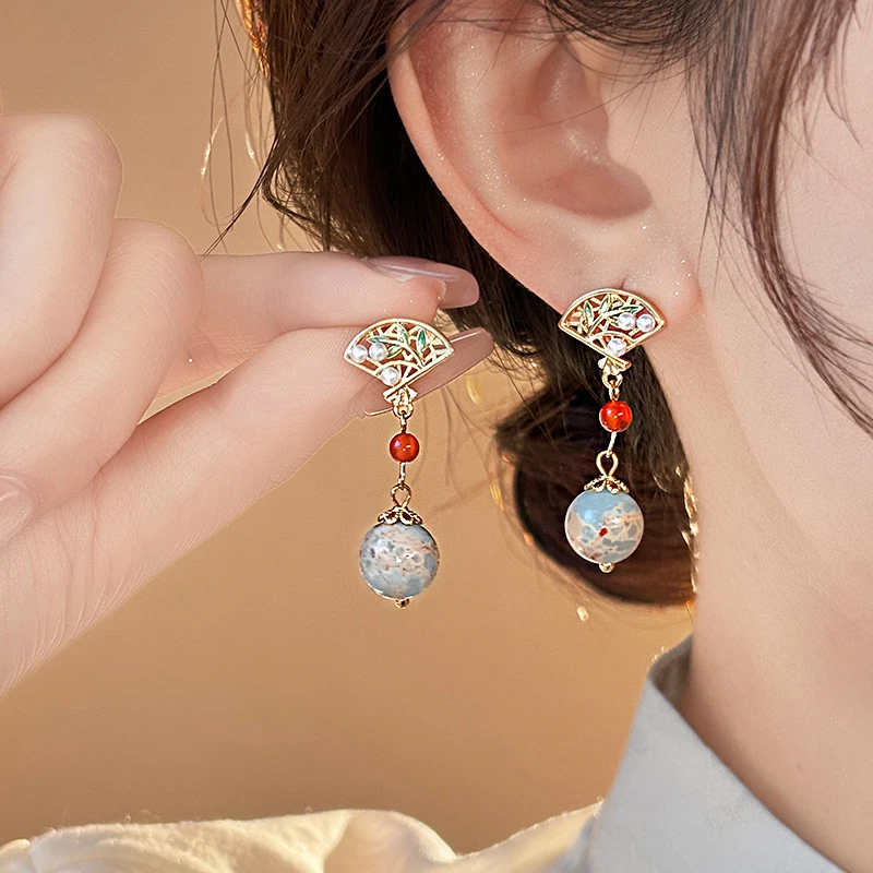 铜合金树脂耳饰  新中式折扇仿珍珠耳环女百搭简约高级感小众耳饰