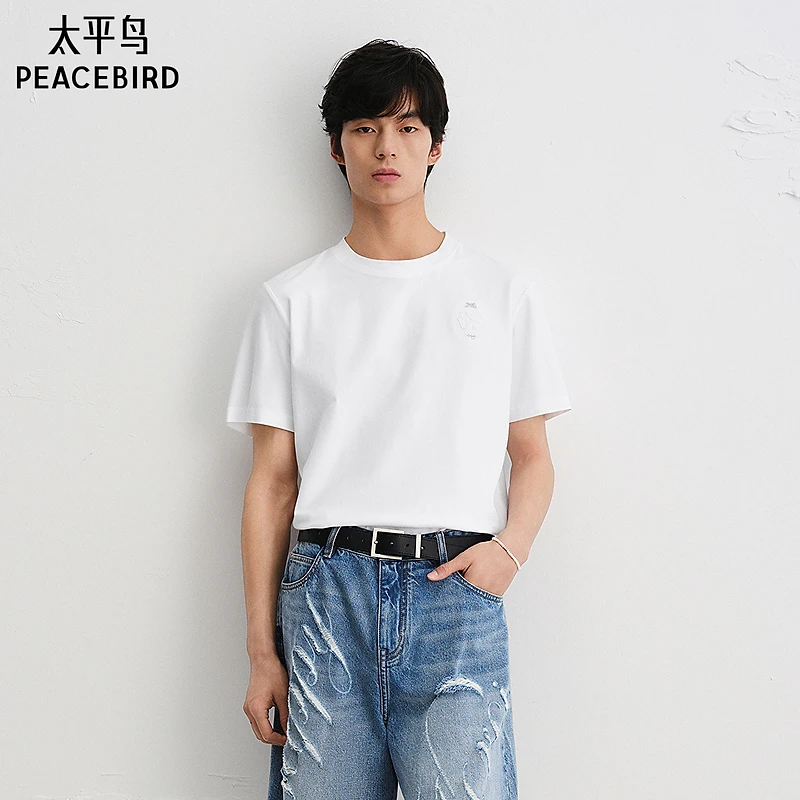 【商场同款】太平鸟男装双面布韩版时尚纯色刺绣短袖T恤B1CNE2101