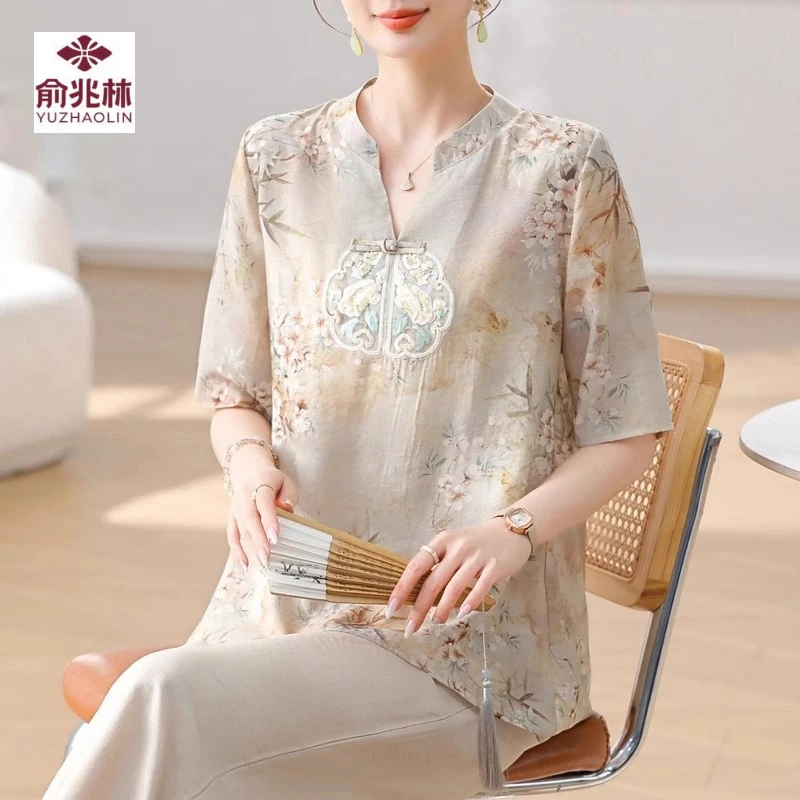 新中式妈妈40-50岁夏装棉绸衬衫新款女夏季棉麻短袖t恤套装