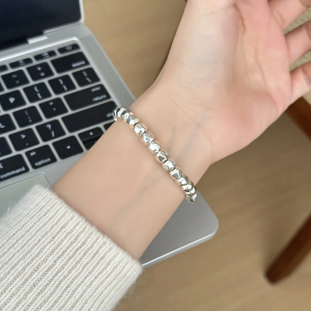 925银手链 ins风时尚简约重工多切面车花银珠弹力绳手链 3361