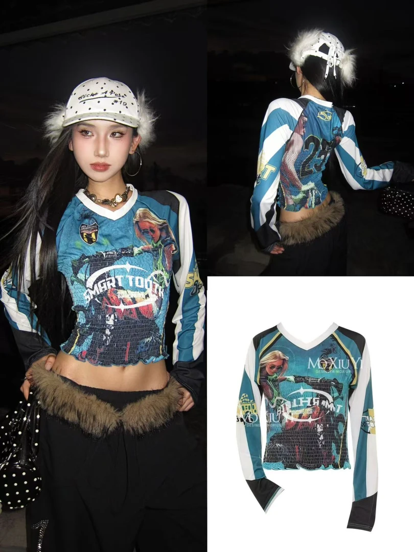 美式花褶皱花边长袖T恤女修身显瘦拼色球服打底上衣+毛毛裤子套装