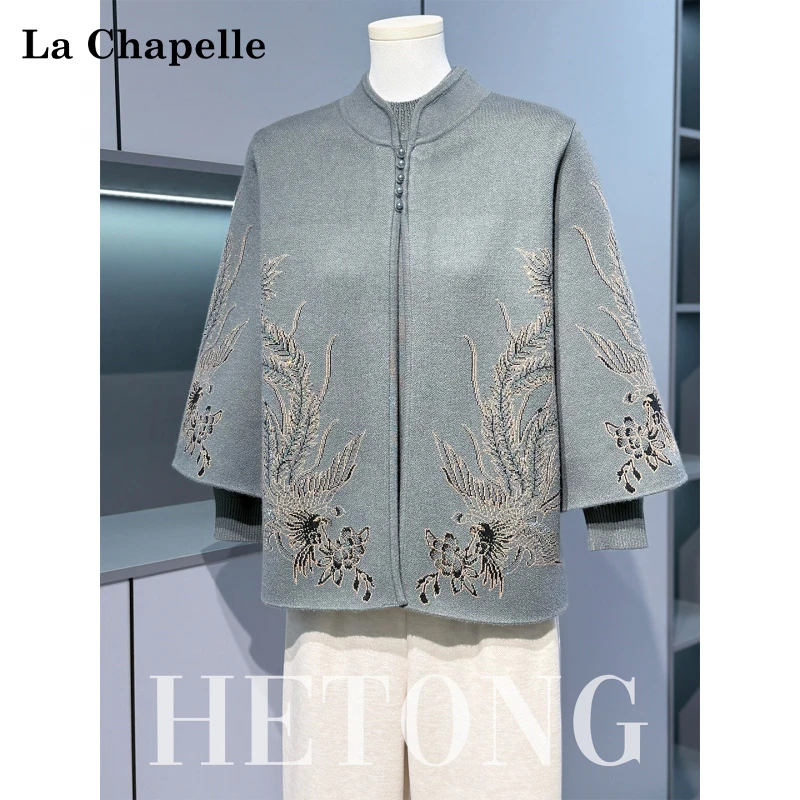 拉夏贝尔妈妈春秋国风针织开衫套装中老年女装外套阔太太气质上衣