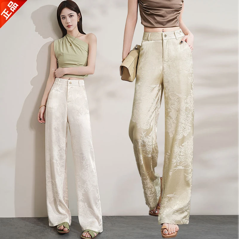 正品2025中国风提花窄版阔腿裤夏季薄款新款高腰休闲直筒裤女百搭