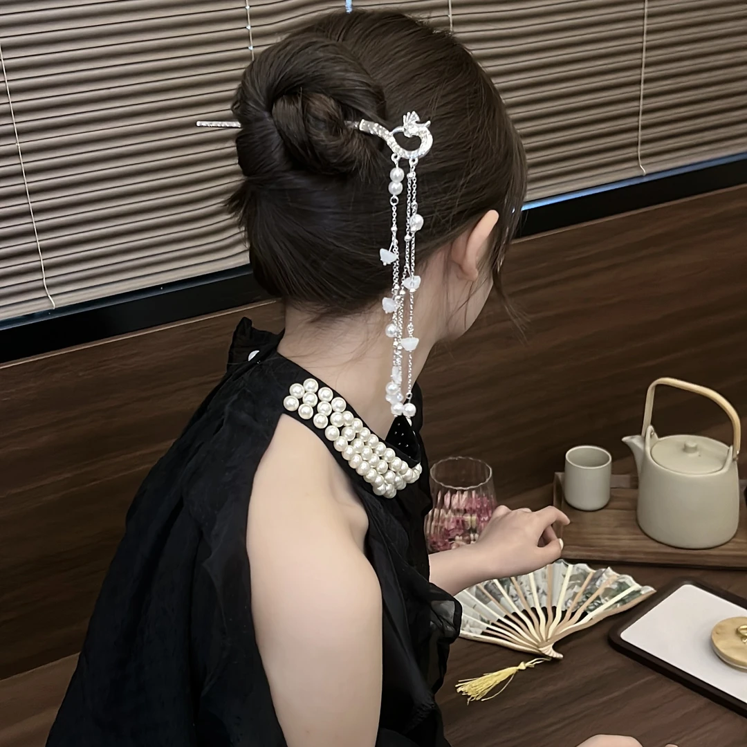 新中式锌合金凤凰花朵发簪气质百搭流苏上班通勤簪子古风簪子