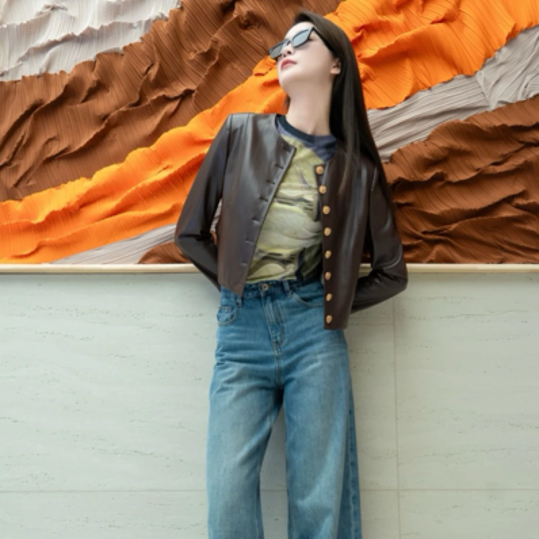 复古港风咖色洋气显瘦圆领小香风环保皮衣外套