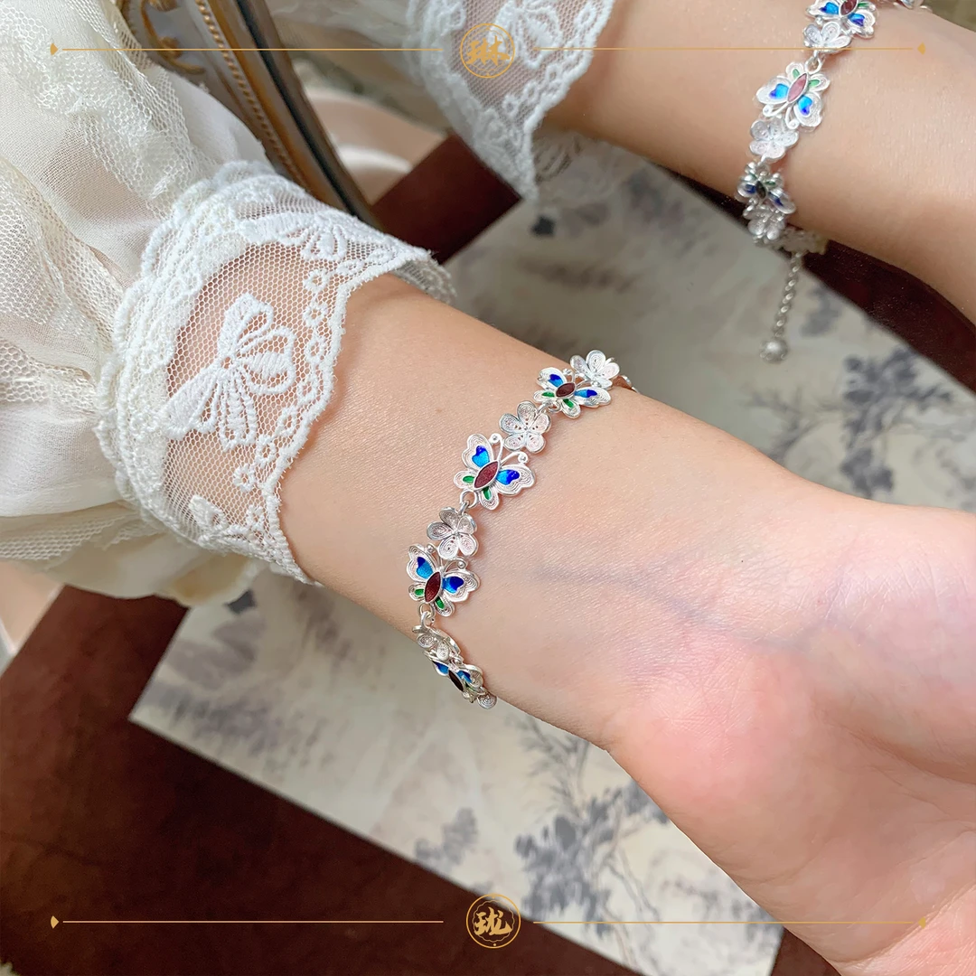 足银手链 琳珑银工坊 足银990 珐琅彩花丝蝴蝶手链女新中式高级感