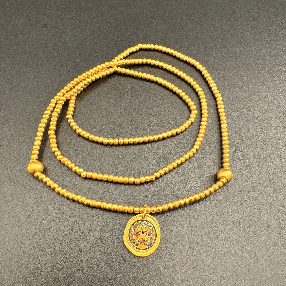 足金999  黄金珐琅彩古法藏风实心扎基拉姆三圈两用手串