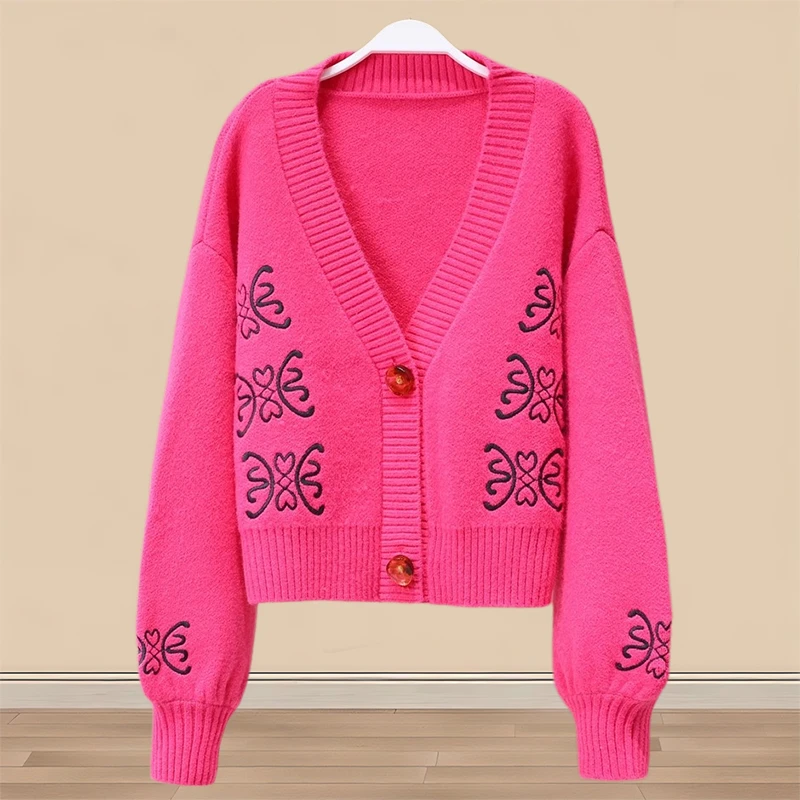 毛衣女秋冬显瘦玫红色毛衣女爆款洋气上档次深V纽扣开衫针织衫