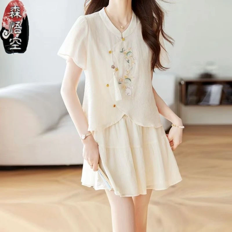 2025夏季新款时尚新中式显瘦气质重工绣花雪纺衫短裙套装女