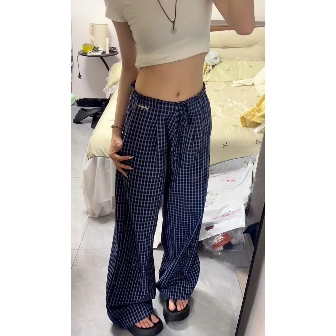 美式复古蓝色格子休闲裤女春秋薄款松弛感宽松显瘦高腰直筒裤子