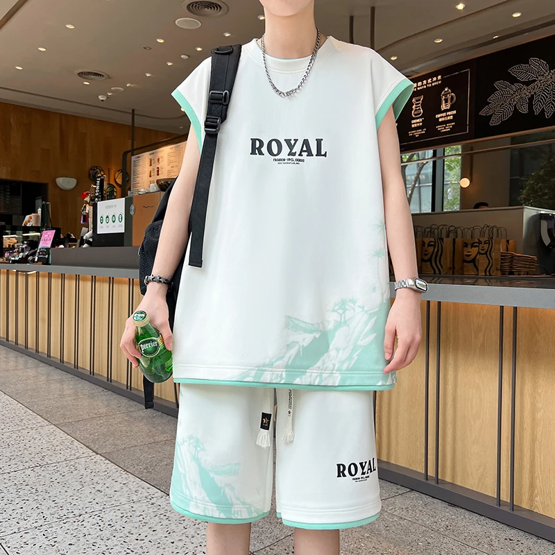 男生夏季新款青少年宽松潮流两件套帅气学生无袖坎肩休闲运动套装