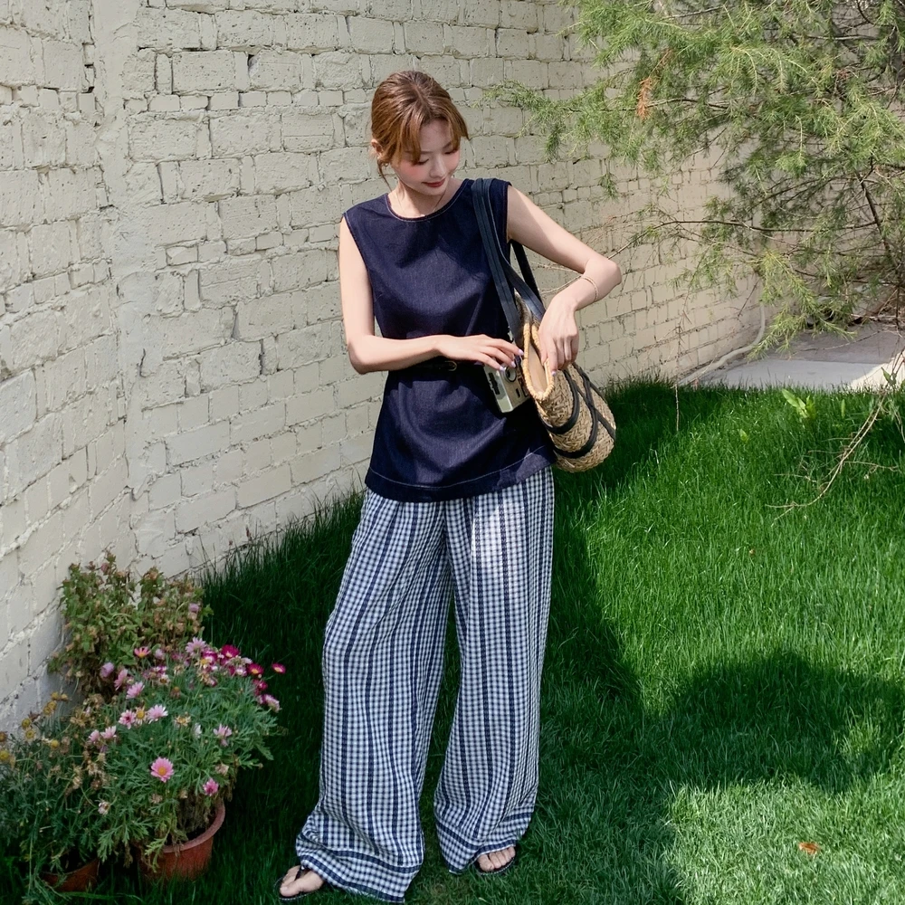 深蓝复古套装2025夏季韩系小众宽松无袖牛仔上衣条纹阔腿裤两件套