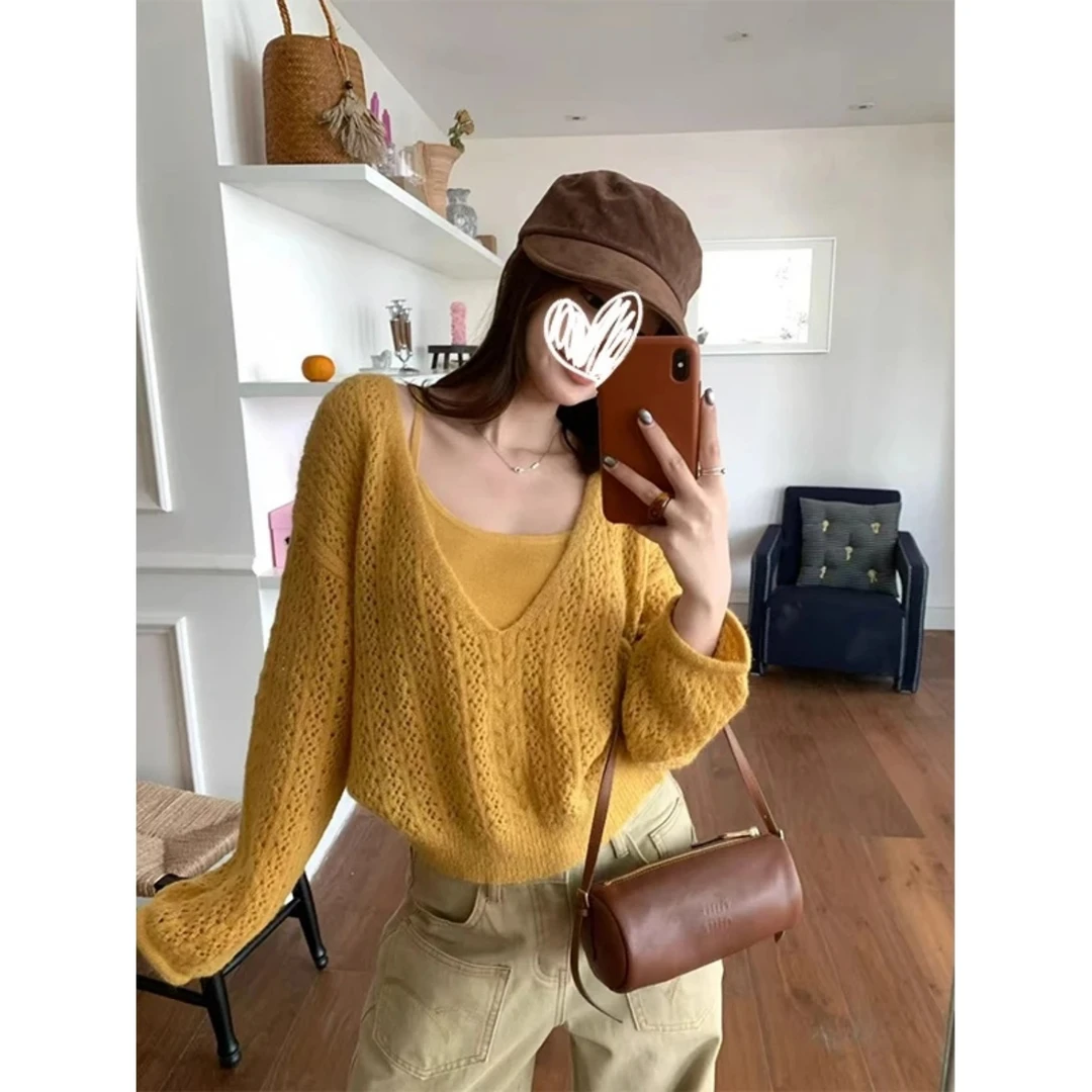 韩系高级感穿搭氛围感V领镂空针织T恤女装早秋上衣吊带背心两件套