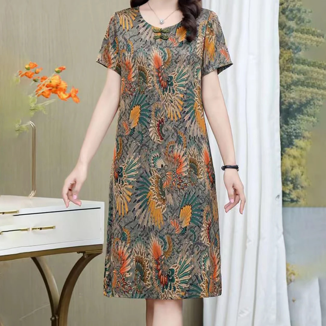 10424-夏季新款复古圆领花裙子妈妈装宽松印花显瘦连衣裙【G仓】