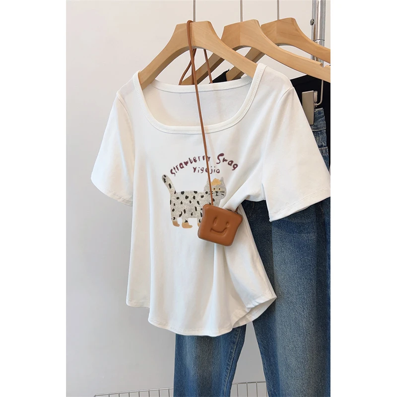 水滴领正肩白色短袖T恤女装夏季新款胖mm哺乳宽松显瘦百搭上衣女