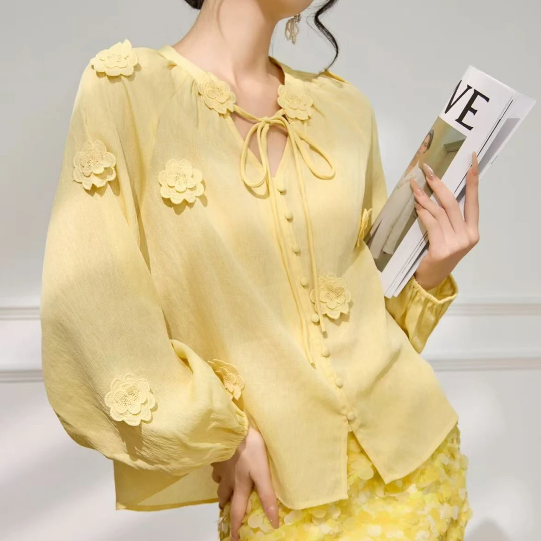 复古立体花长袖衬衫女宽松显瘦绑带黄色上衣