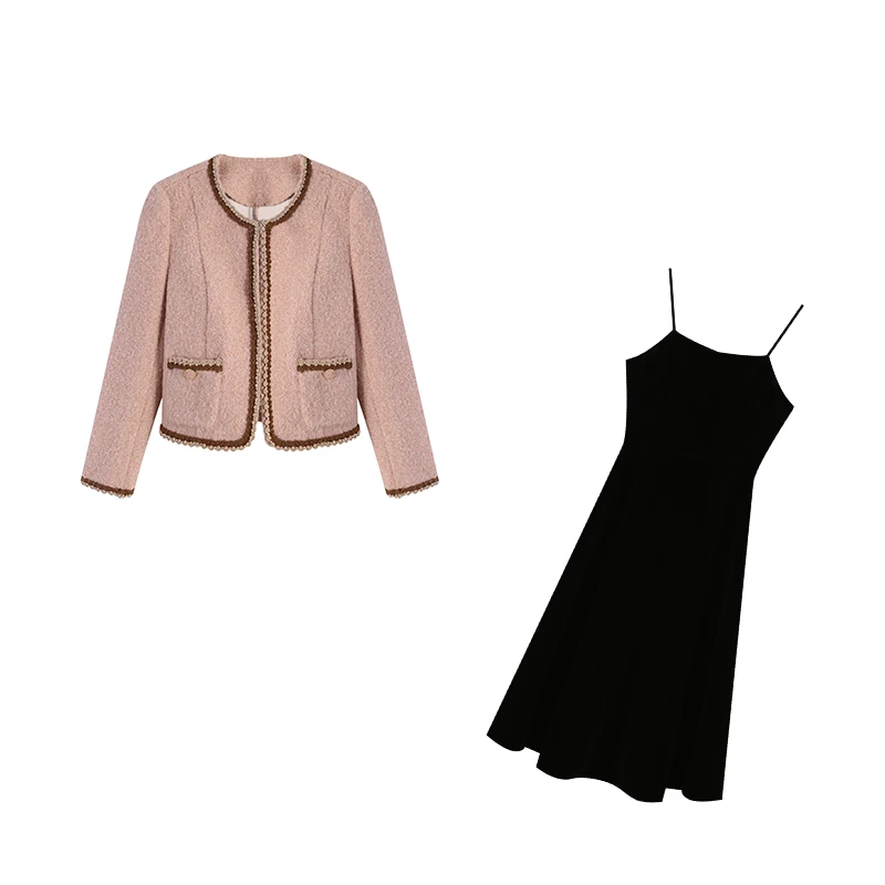 气质上衣秋冬ZL111555+黑色吊带裙ZL112290套装小香风裙子大码