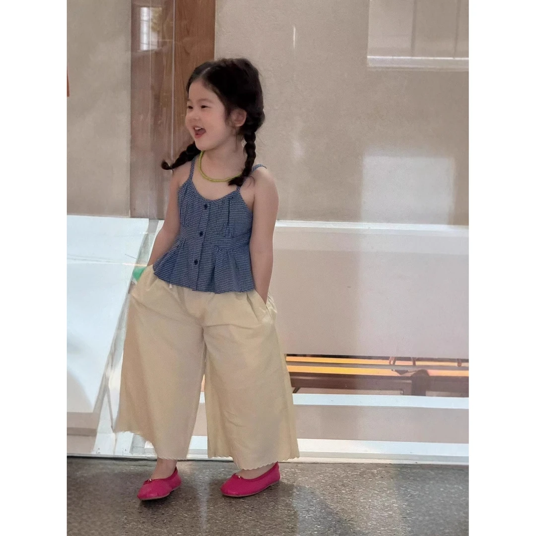 韩国童装女童25夏新款韩版小清新格子吊带上衣女宝ins风时髦小衫