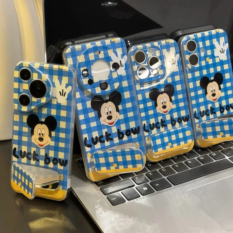 蓝条纹米奇镜面支架适用iphone16透明手机壳华为P70vivo小米oppo