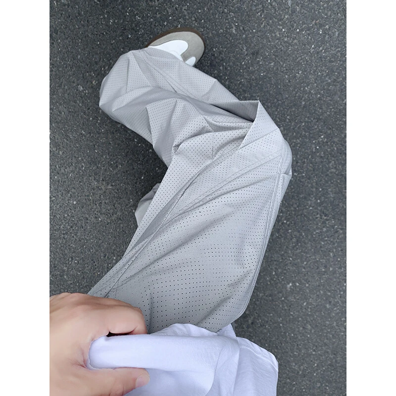 浅灰色网眼冰丝裤子男夏季薄款户外工装登山裤美式机能弯刀微喇裤