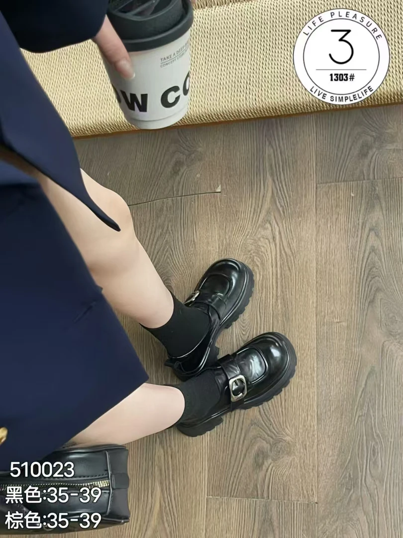 软底春季内增高通用厚款休闲厚底系带黑色粗跟中年秋季乐福鞋