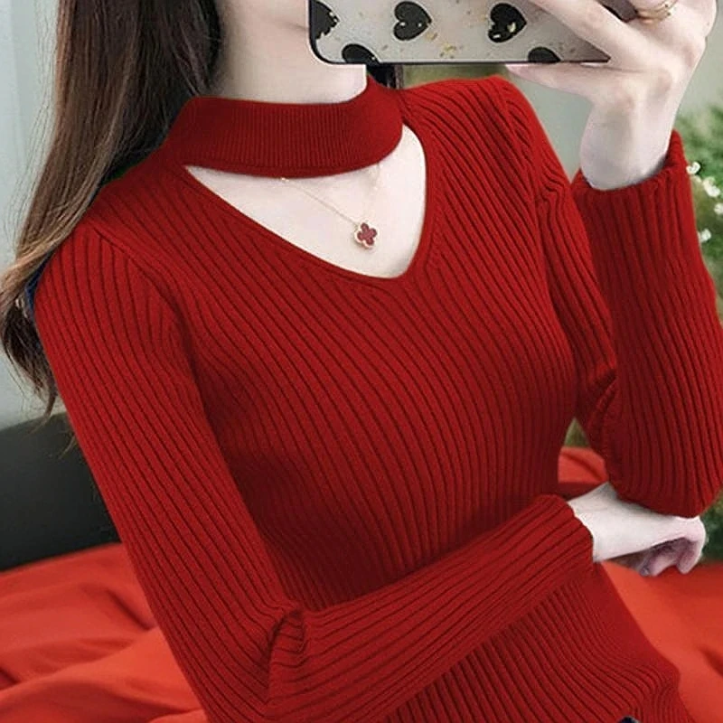 欧货V领镂空打底衫女秋冬内搭修身绿色毛衣洋气2025年新款针织衫