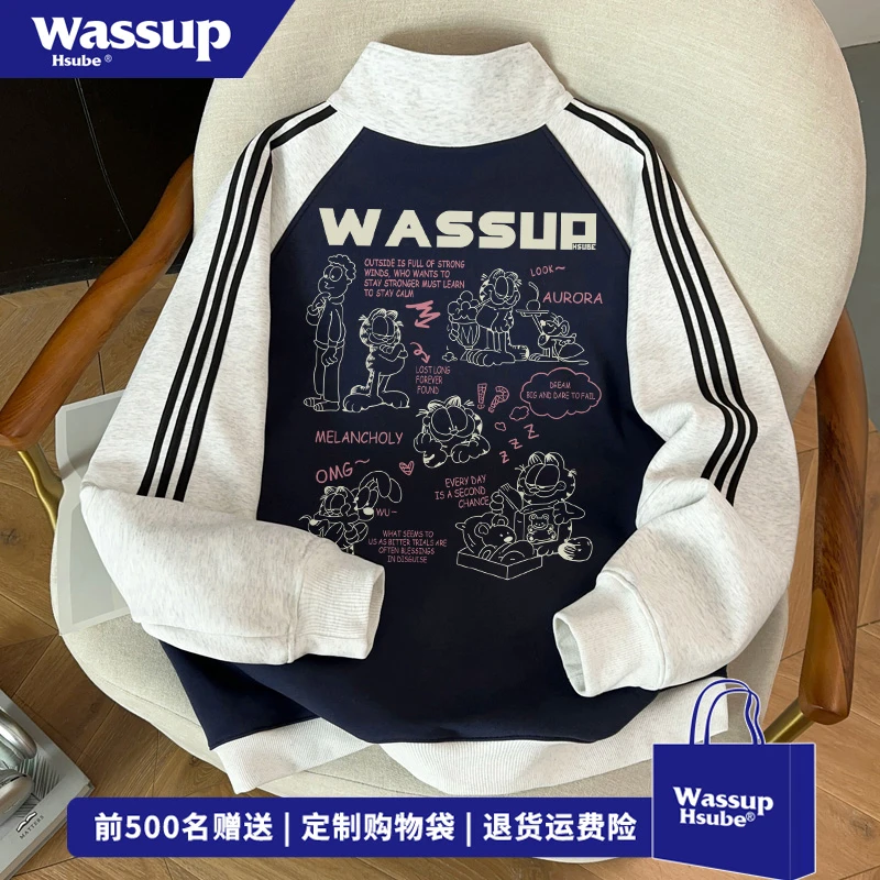 WASSUP HSUBE设计感加菲猫印花开衫卫衣男女秋冬潮流宽松立领外套