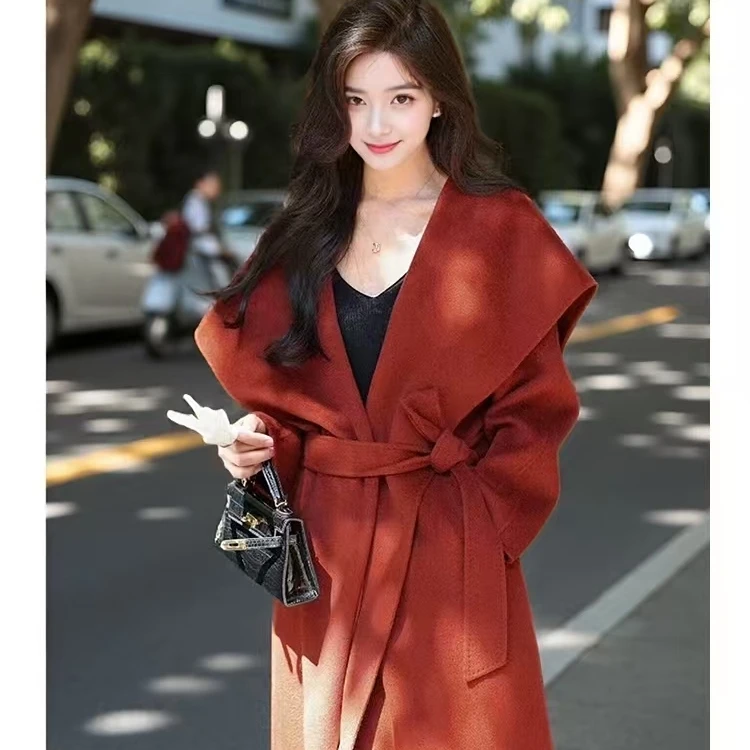 红色海军领毛呢外套女中长款小个子秋冬季高贵洋气双面呢子大衣