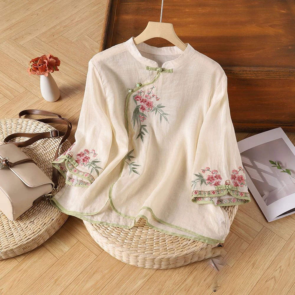 夏款新复古盘扣立领中国风斜襟民族风棉麻七分袖小衫上衣棉麻上衣