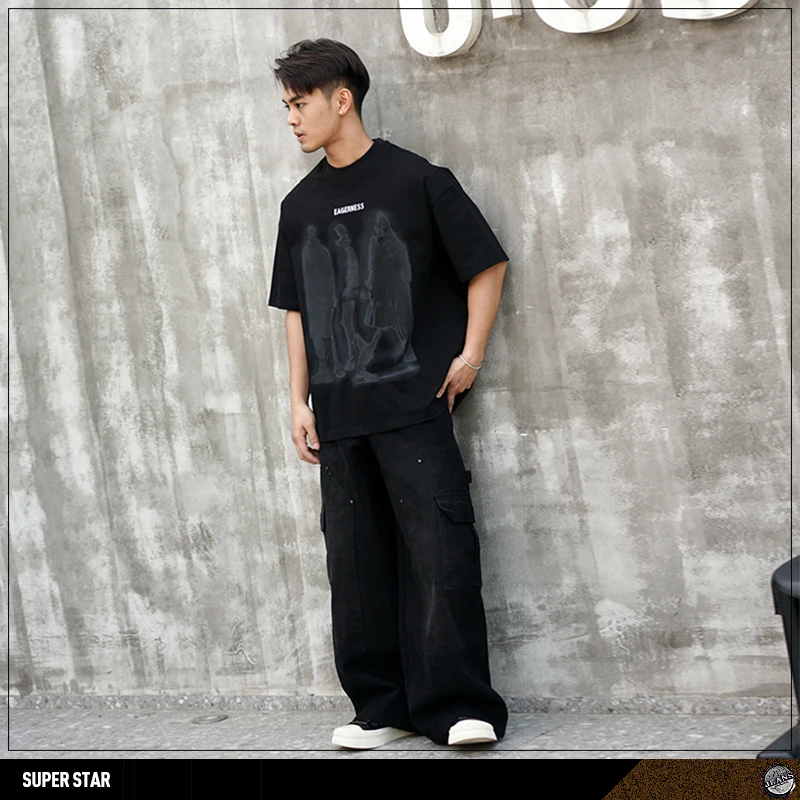 001#男装美式高街宽松阔腿休闲裤重磅纯棉口袋拼接工装伐木裤