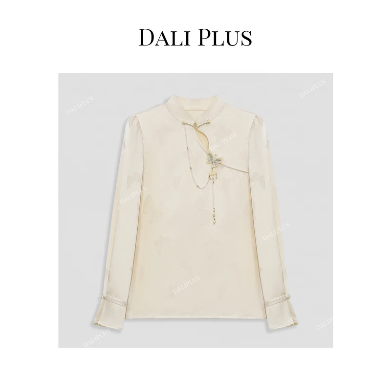 DALI PLUS新国风新中式米白色时尚立体蝴蝶镂空长袖衬衫-D4SS0030