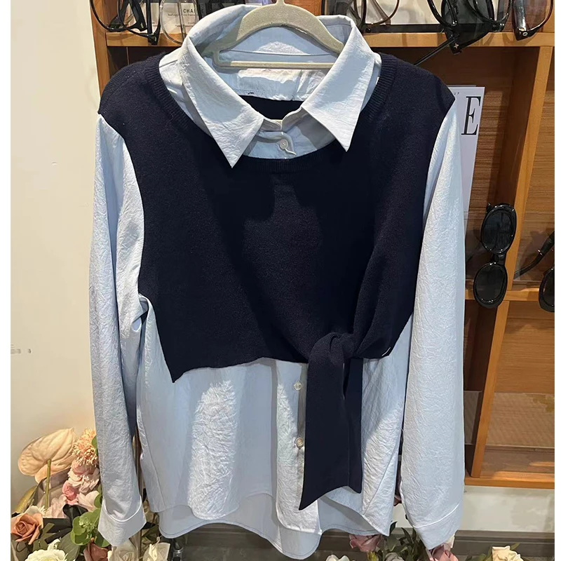 【Q】假两件撞色绑带上衣 3639