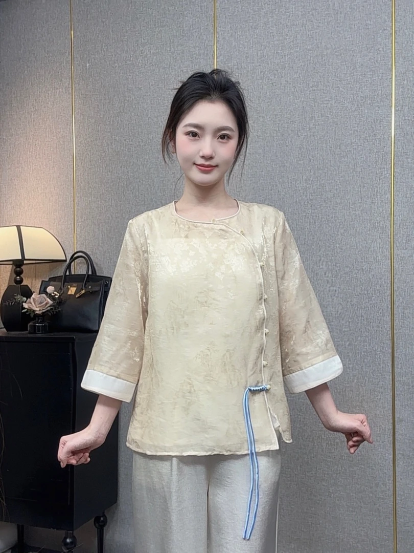 《蝶恋花》春夏新款圆领斜襟提花上衣新中式气质时尚七分袖衬衫女