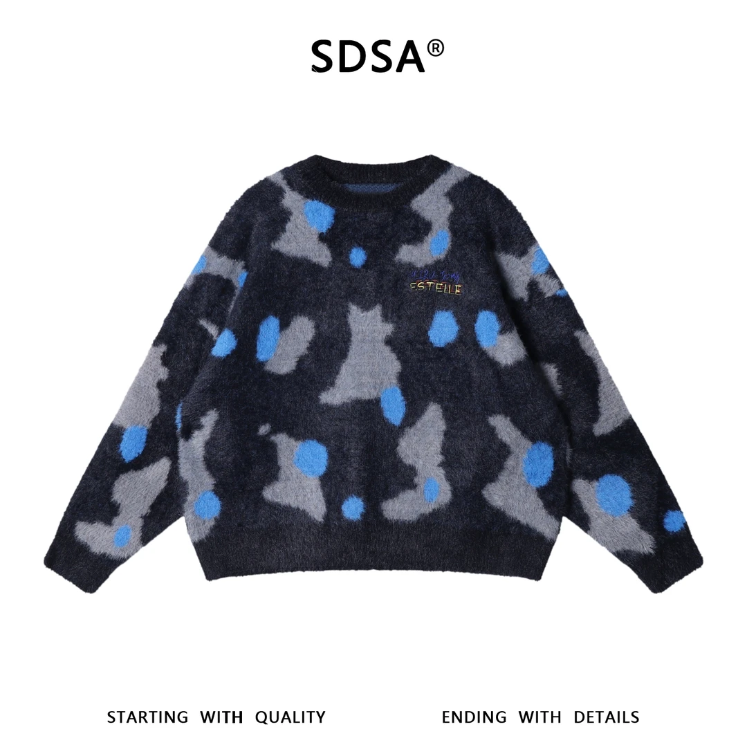 SDSA男士秋冬新款痞帅男装美式刺绣字母拼接圆领毛衣复古百搭上衣
