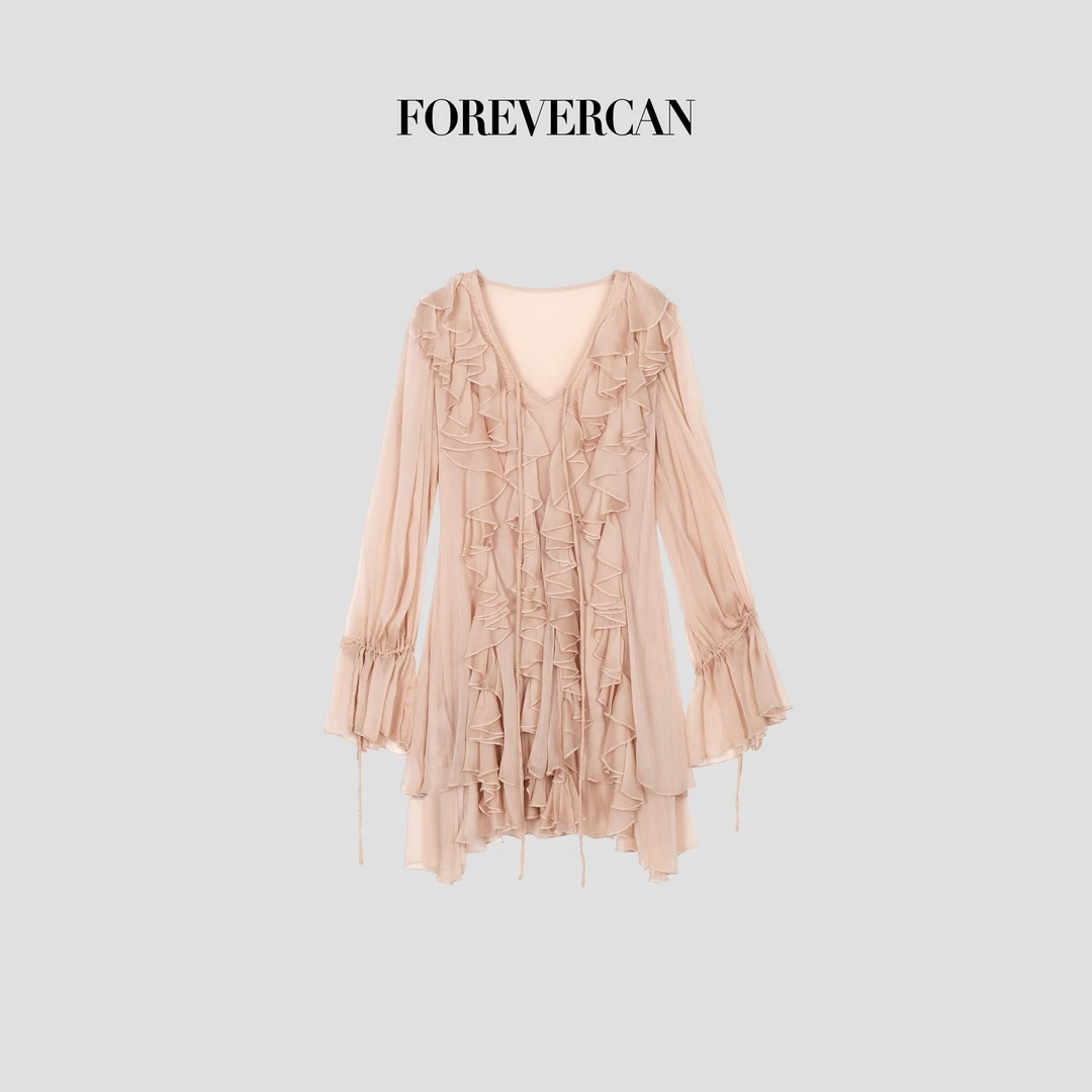 FOREVERCAN“夏岛回忆录”莫奈花园风V领荷叶边上衣连衣裙 ST18636