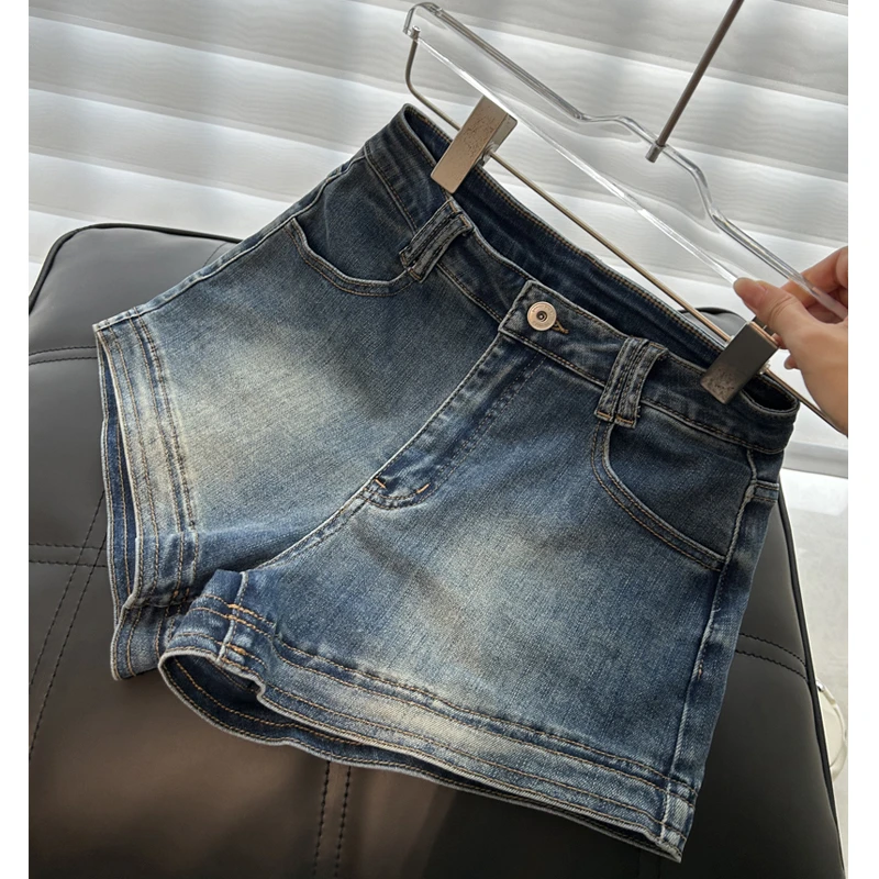 夏季韩版超显身材的短裤中高腰直筒a字裤做旧复古牛仔包臀辣妹女
