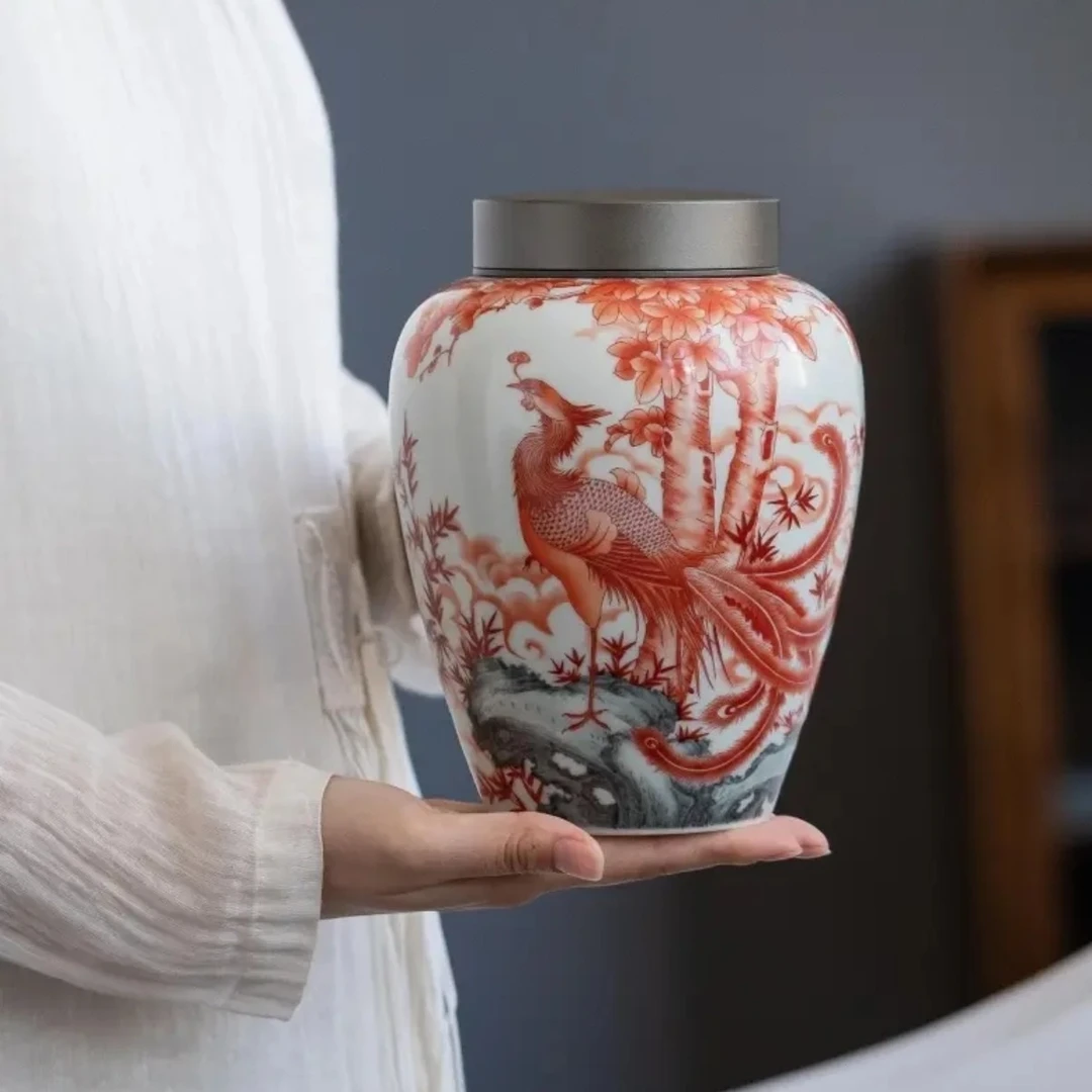火凤凰锡盖陶瓷茶叶罐双层密封储茶罐一罐多用家用高货送礼复古罐