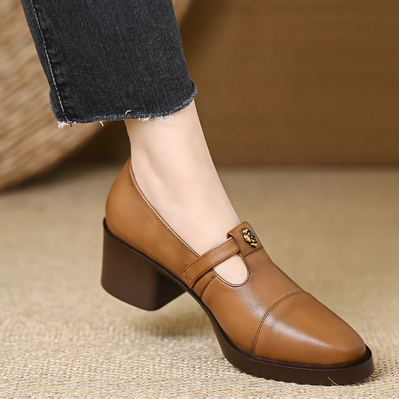轩玥情5厘米粗跟复古山茶花单鞋女头层牛皮百搭通勤玛丽珍小皮鞋