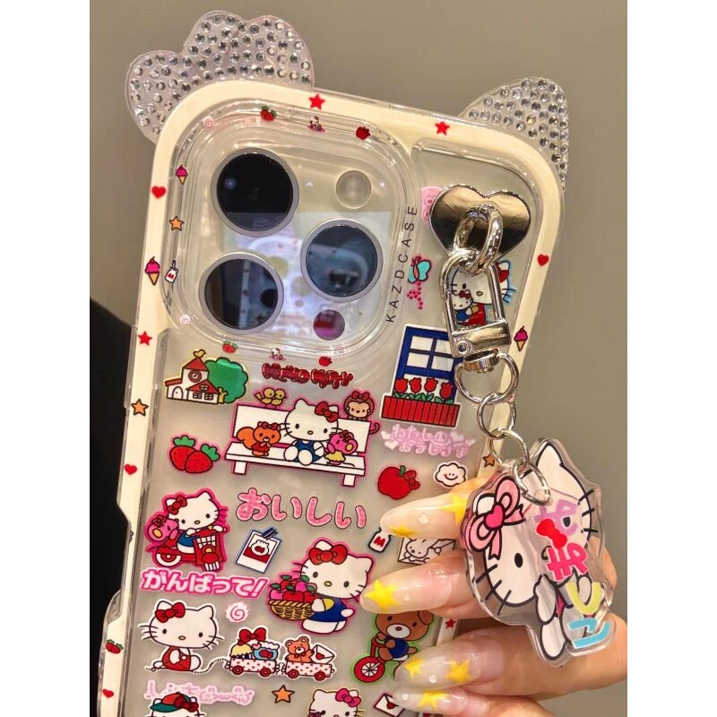 可爱镶钻猫耳日系水果猫咪小熊适用iphone16promax苹果15手机壳14